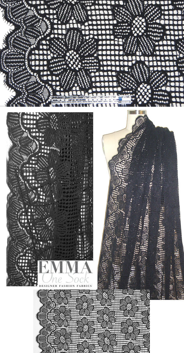 NY designer black reembroidered floral lace 1.66 yds