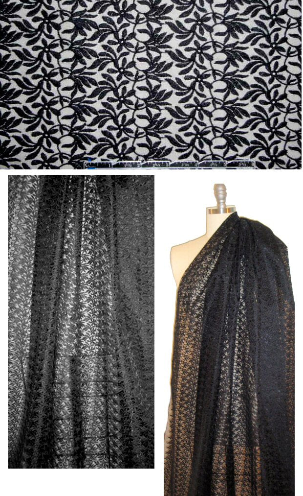 NY designer flower trellis emb. organza lace - black 1.375 yds