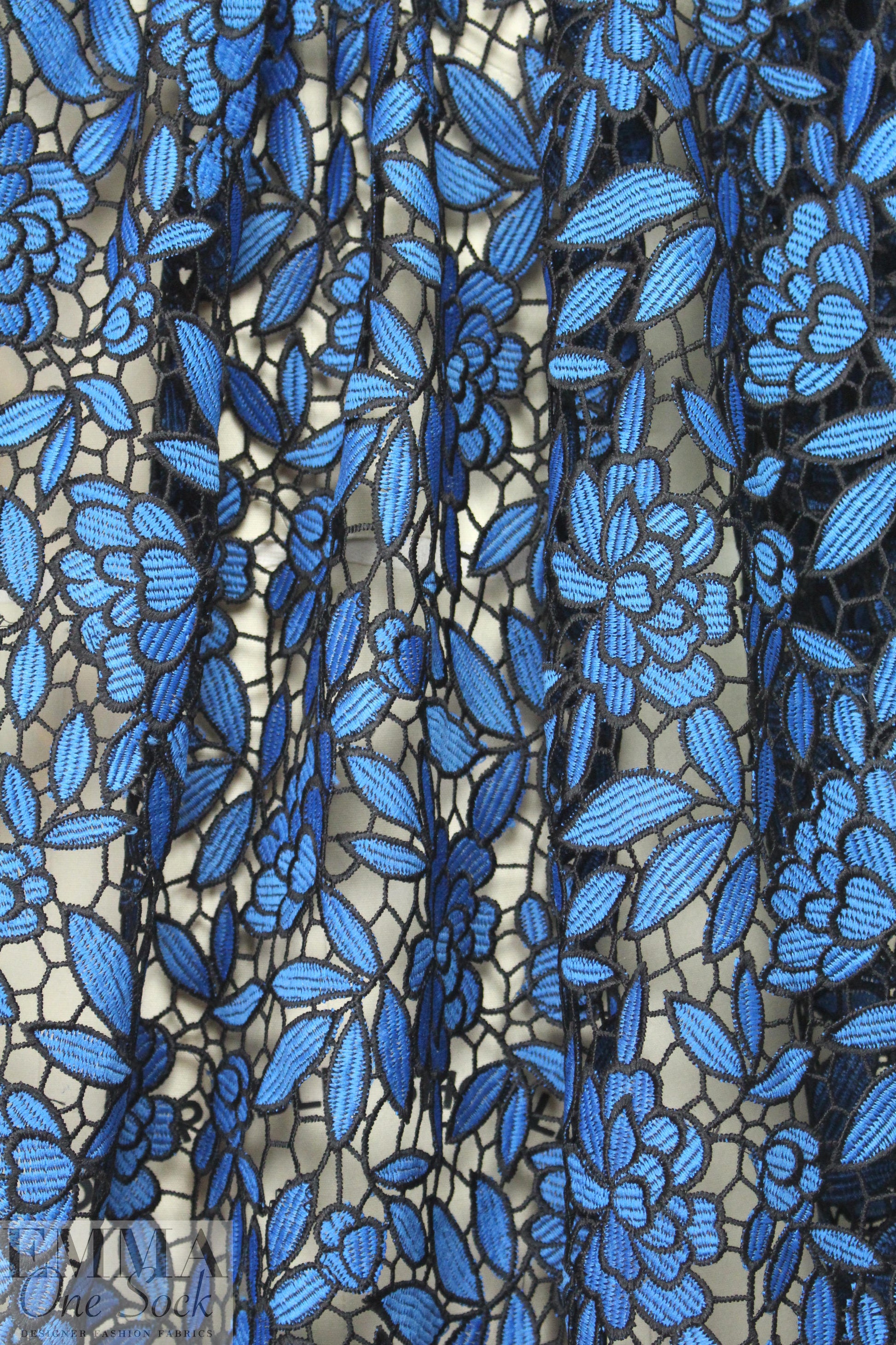 NY designer floral guipure lace - cobalt/black