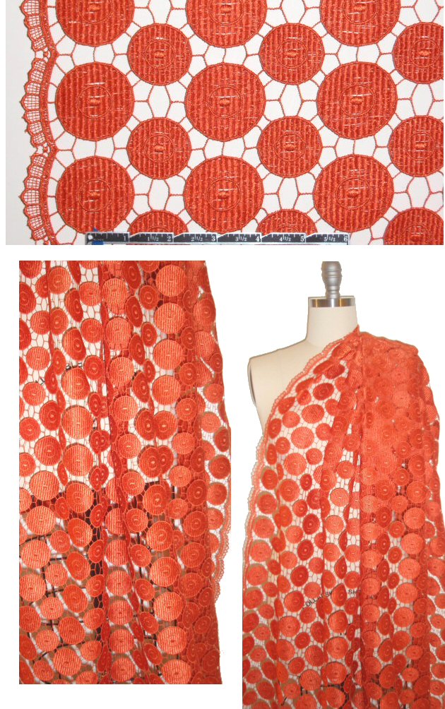 NY designer tangerine discs scalloped selvage lace 3 yds