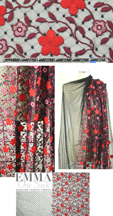 NY designer floral emb. dotted mesh - red/wine/black 1.33 yds