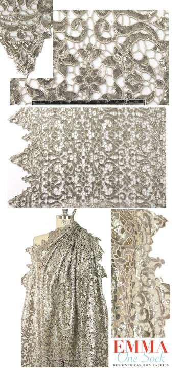 NY designer sequinned antique silver guipure lace