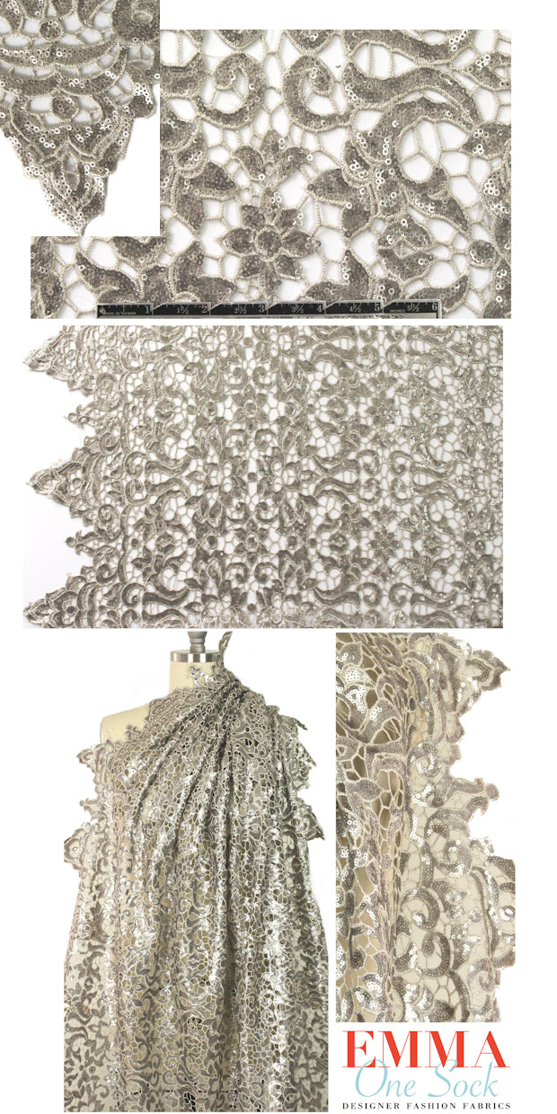 NY designer sequinned antique silver guipure lace .80 yds