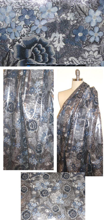 Italian dusty blue floral laminated stretch cotton