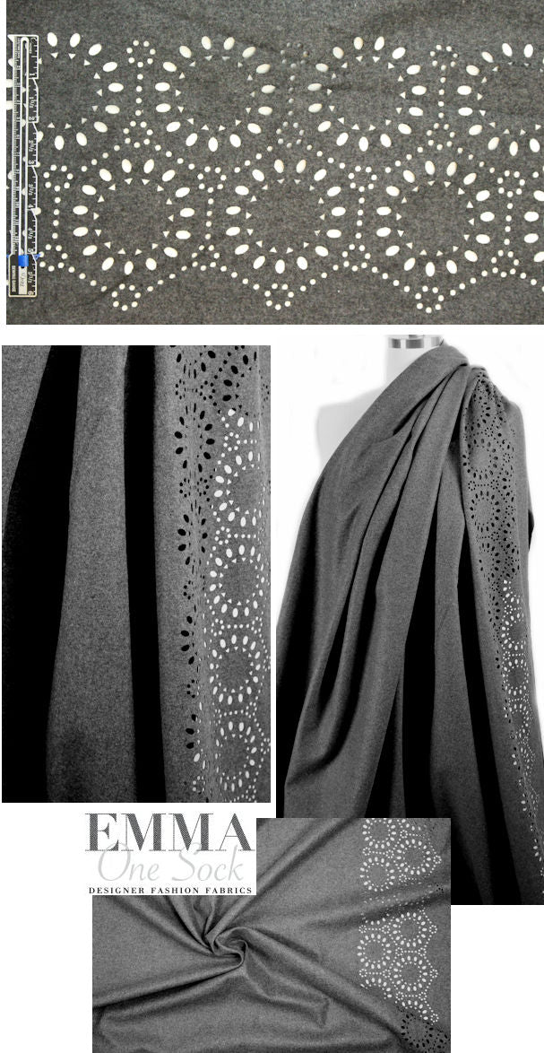Italian laser cut border poly/wool woven - charcoal heather