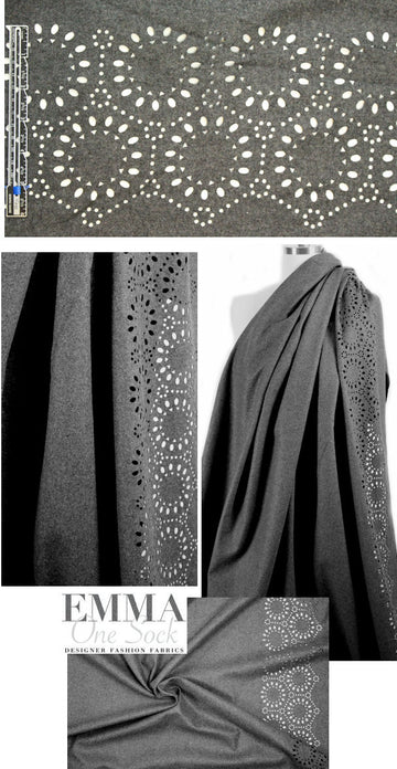 Italian laser cut border poly/wool woven - charcoal heather