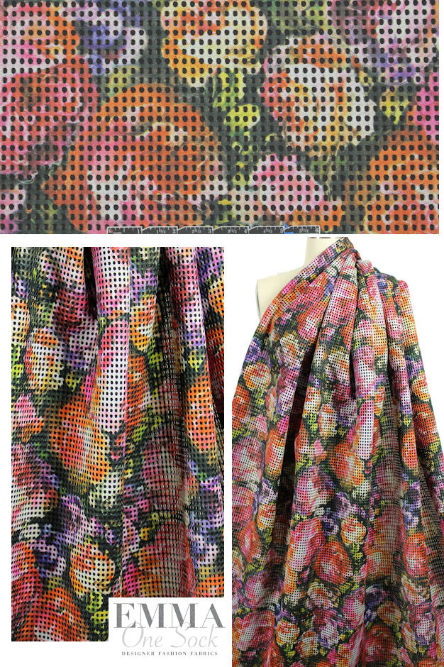 Italian technicolor floral overprinted double mesh 2.375 yd