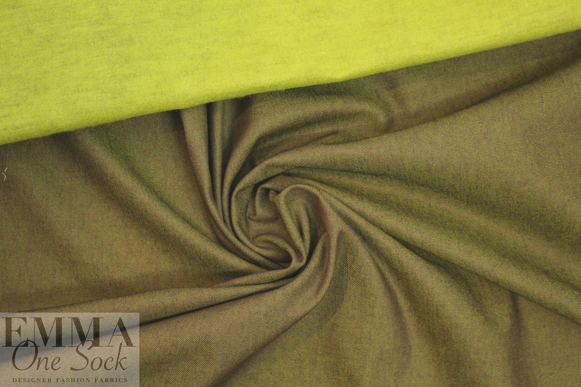 Italian fleece-lined no stretch denim - olive/kiwi 1 yard