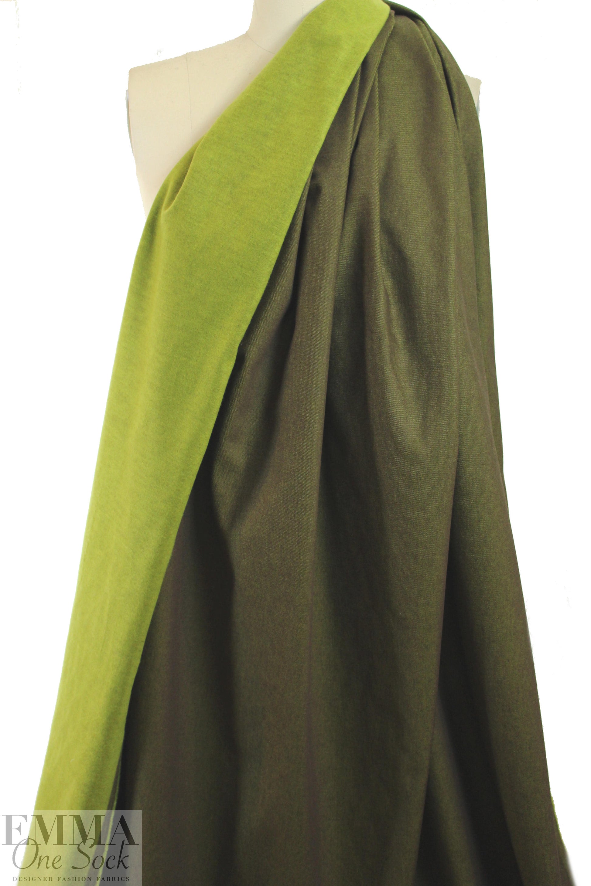 Italian fleece-lined no stretch denim - olive/kiwi