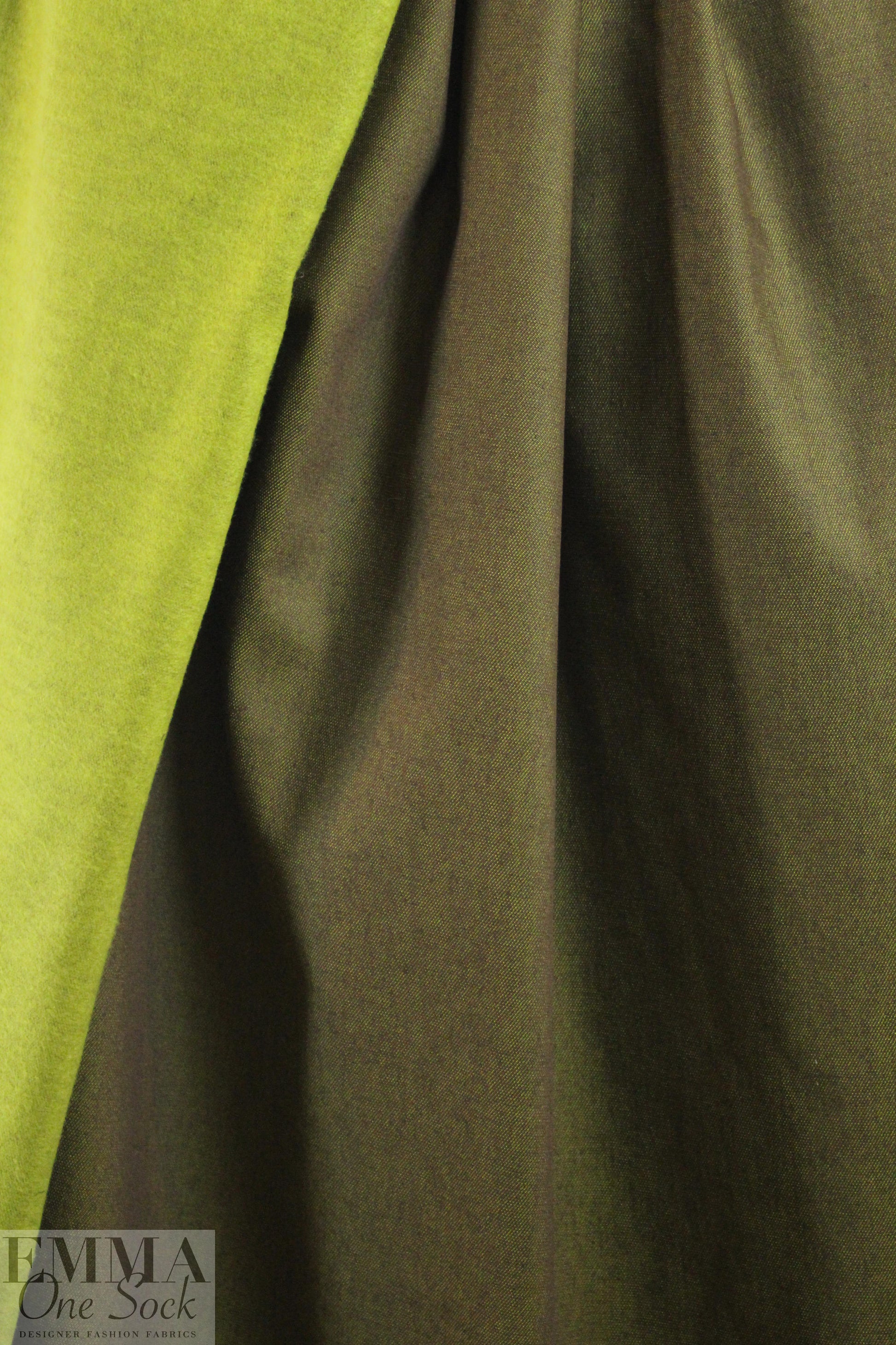 Italian fleece-lined no stretch denim - olive/kiwi 1 yard