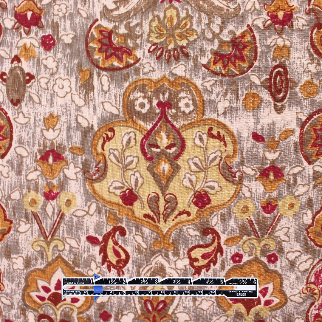'Damask scroll' linen digital print - henna/butterscotch 2 yds