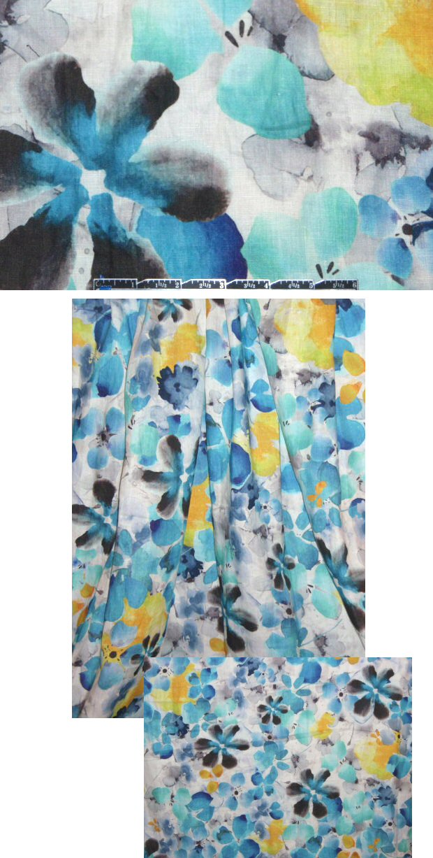 100% linen digital print - sky/sunshine floral
