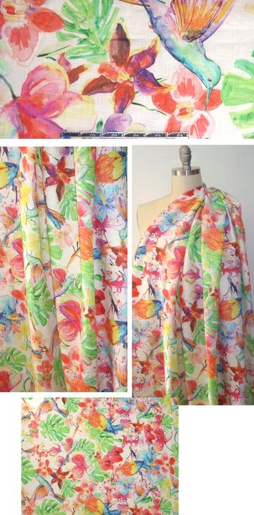 100% linen digital print - birds and flowers