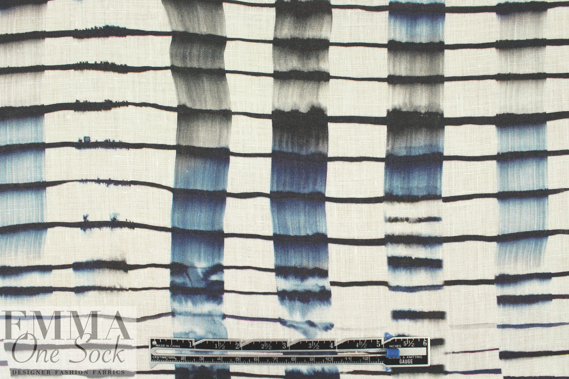 100% linen digital print - edgy indigo grid 1 yard