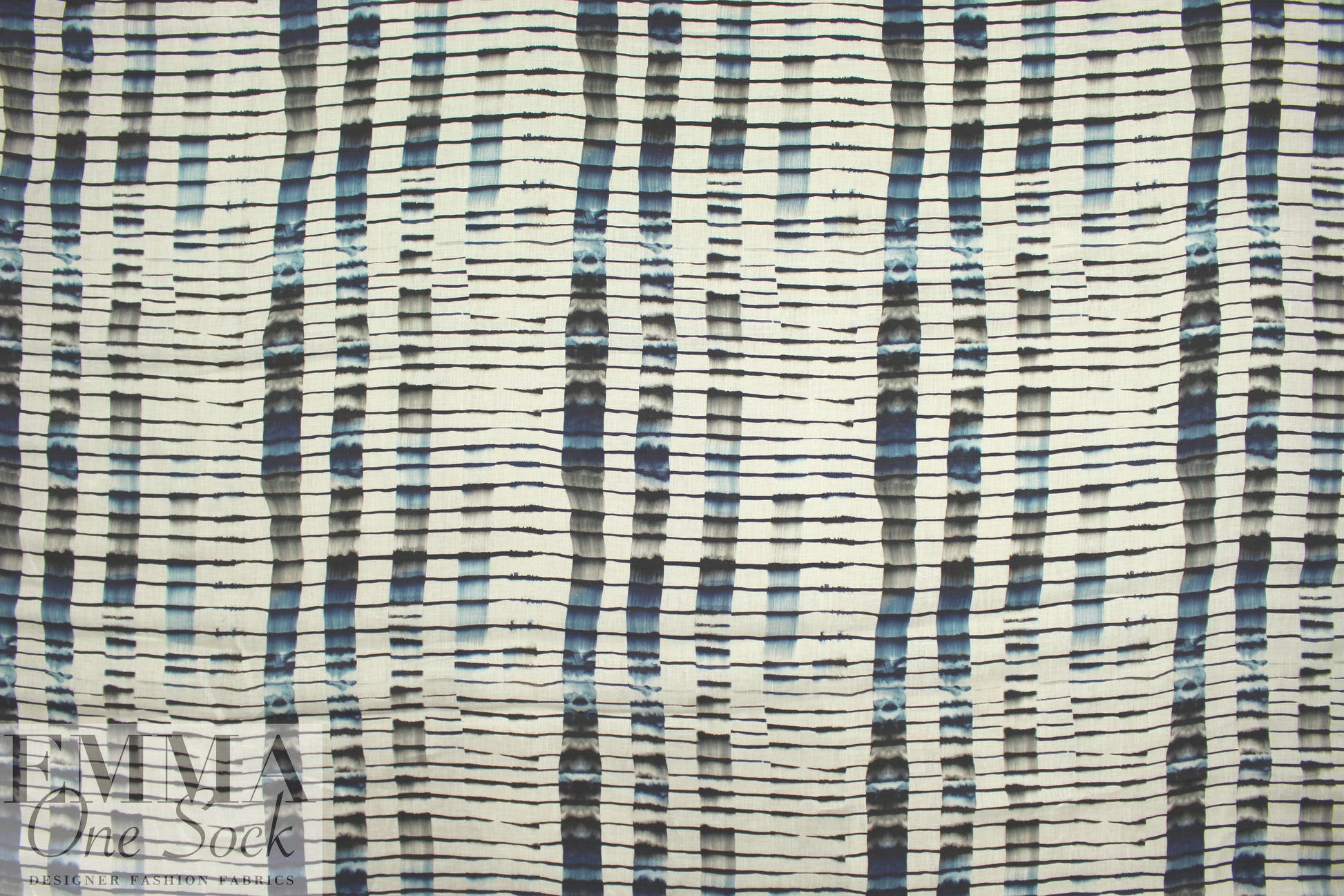 100% linen digital print - edgy indigo grid 1 yard