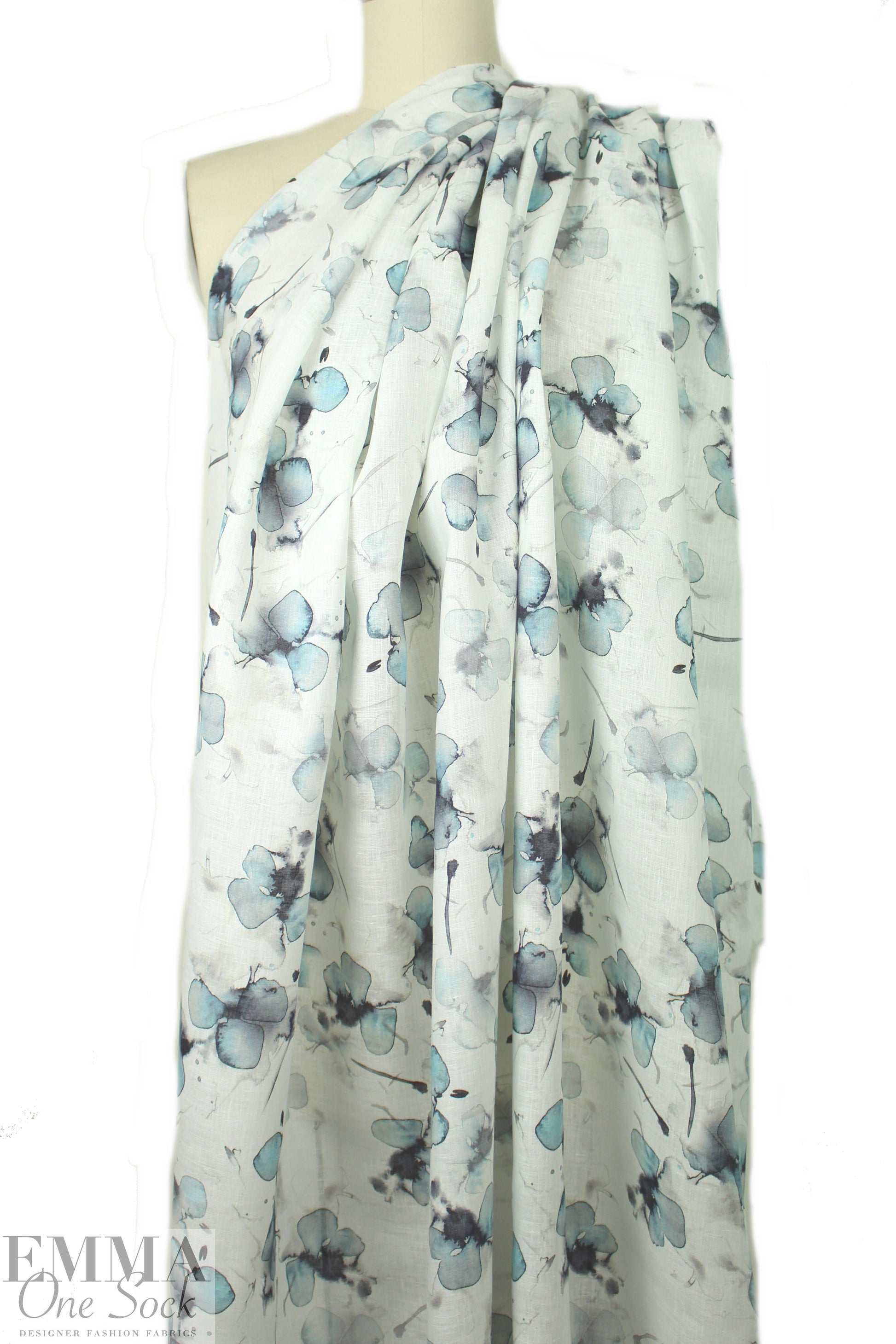 100% linen digital print - watery blossoms 1.5 yds