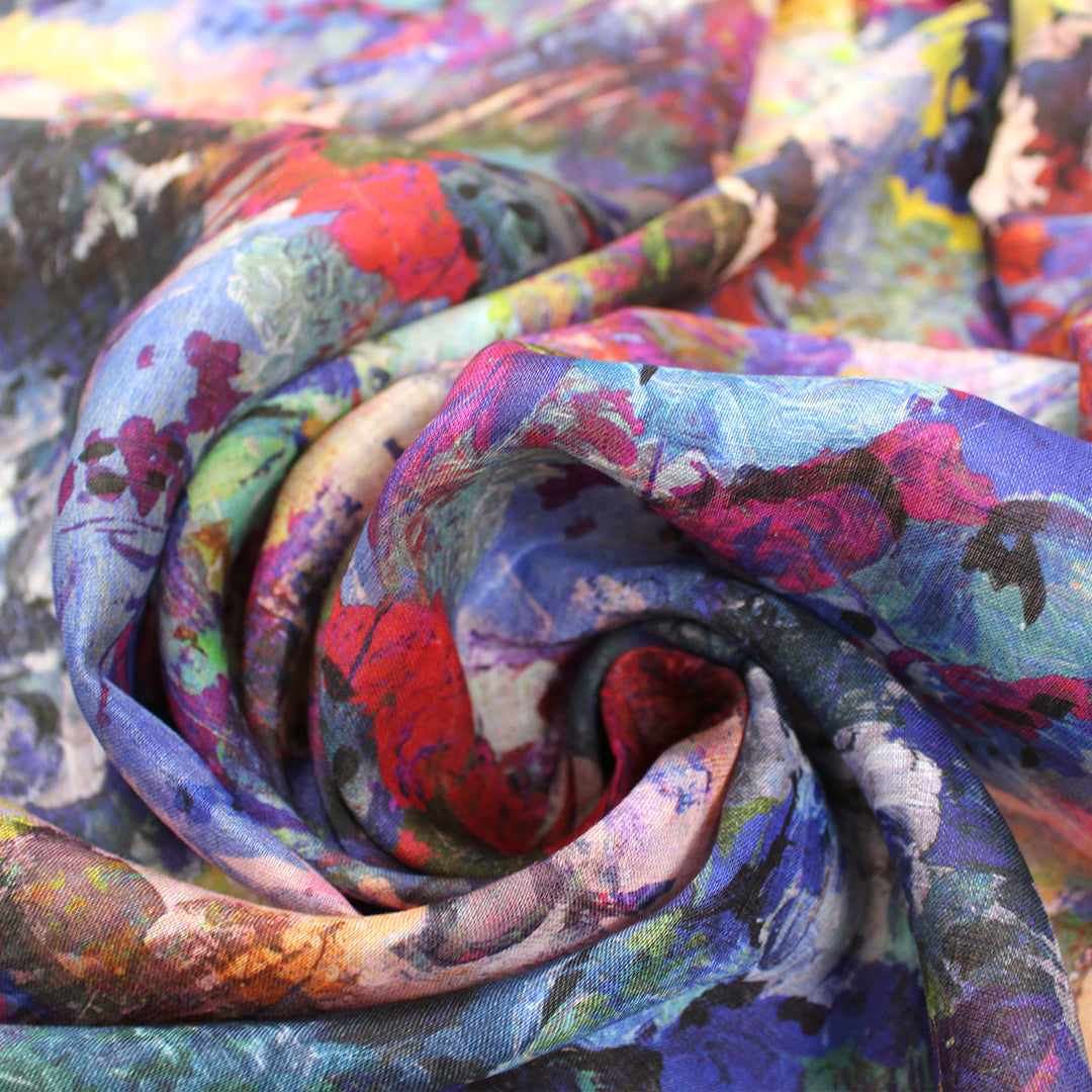 abstract floral linen digital print - magenta/indigo 1.375 yds