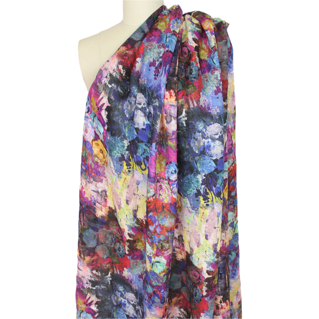 abstract floral linen digital print - magenta/indigo 1.375 yds