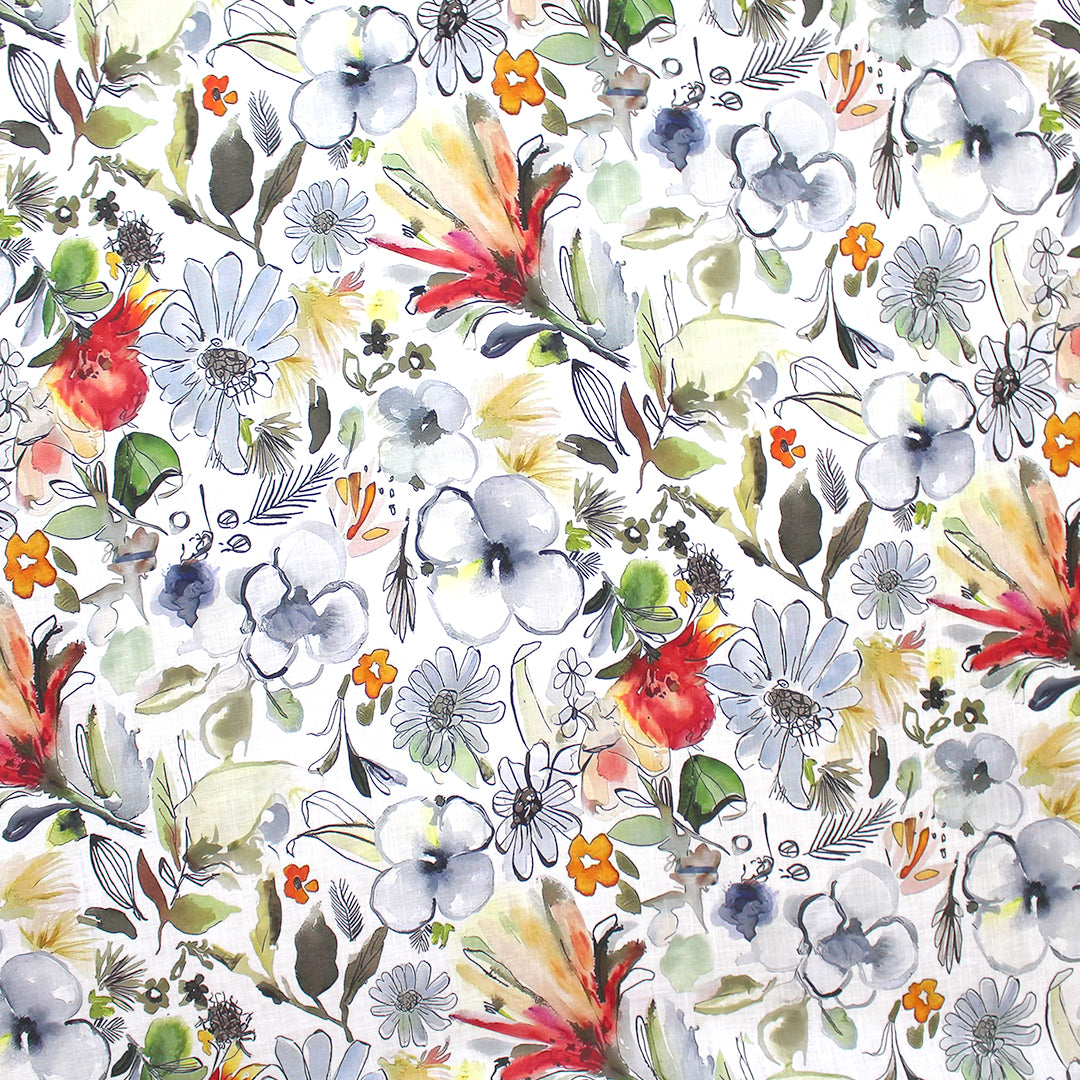 'floral ink and wash' linen digital print 1 yard