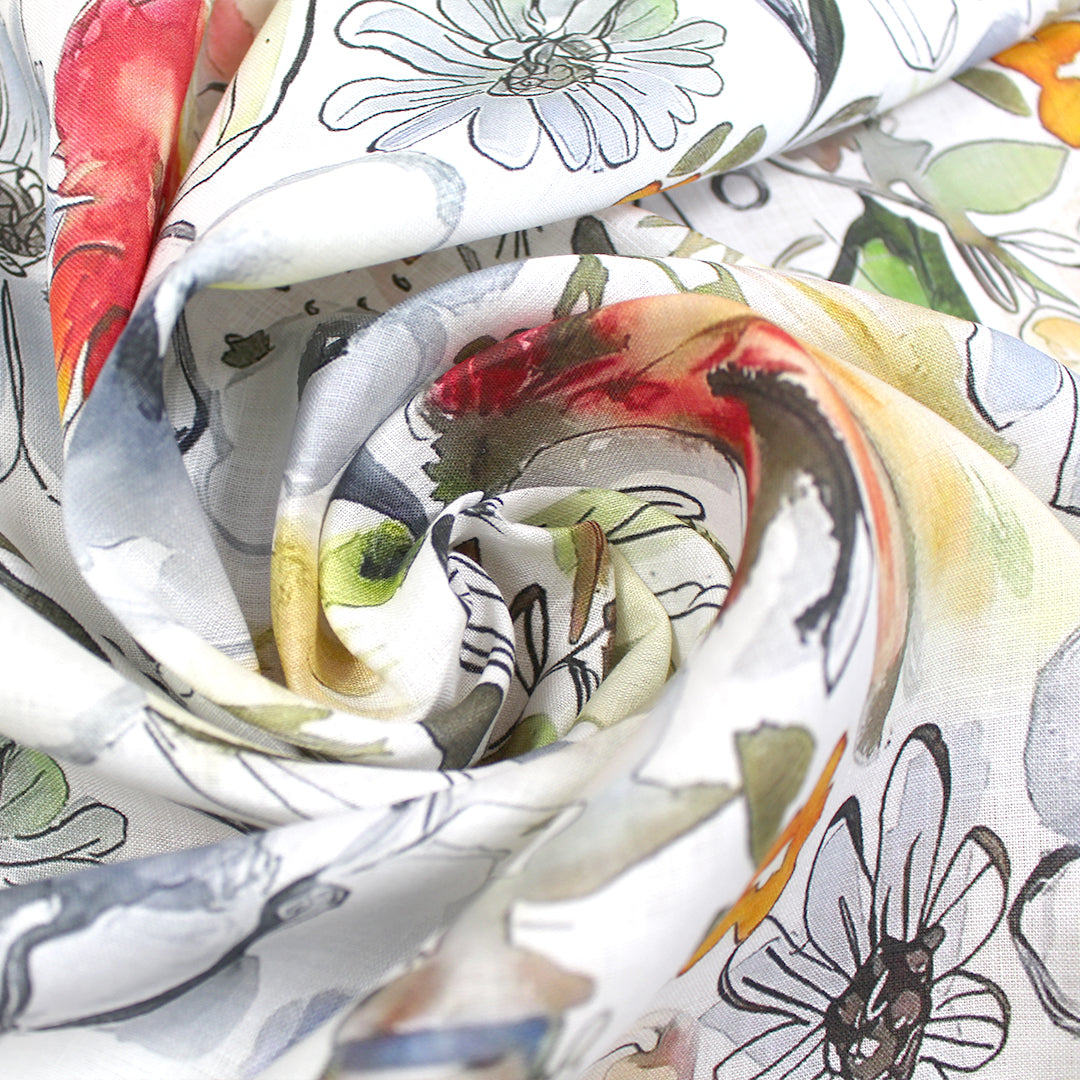 'floral ink and wash' linen digital print 1.5 yd
