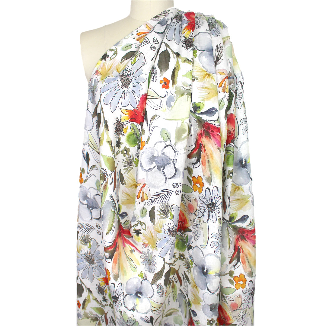 'floral ink and wash' linen digital print 1.5 yd