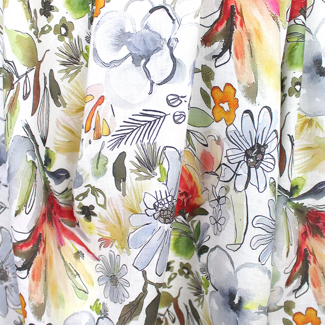 'floral ink and wash' linen digital print 1.5 yd
