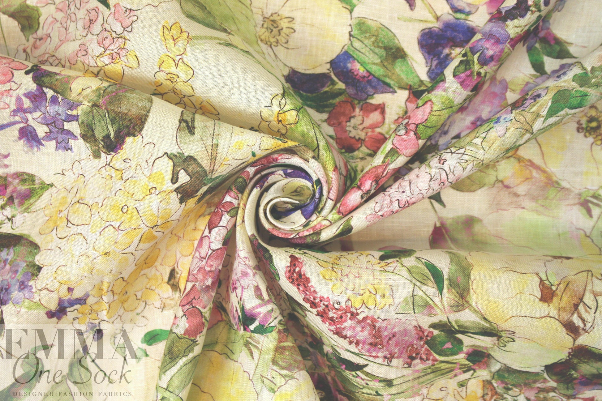 100% linen digital print - watercolor floral 2.25 yd