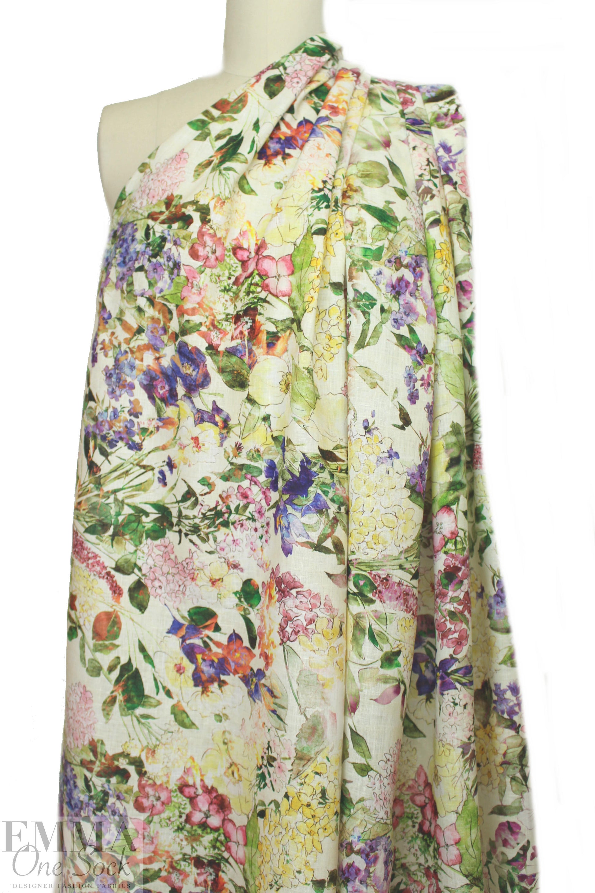 100% linen digital print - watercolor floral .875 yds