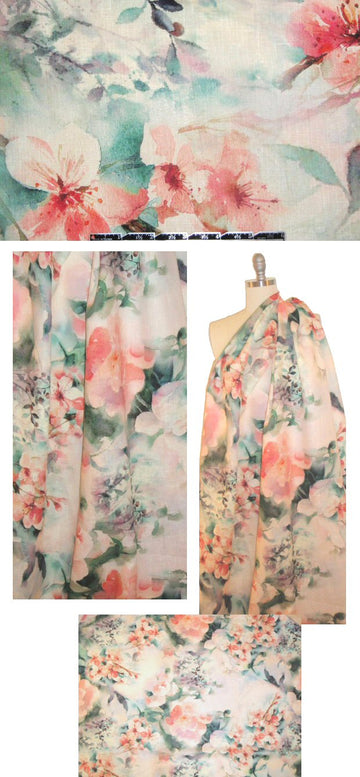 100% linen digital print - watercolor blossoms 1.375 yds