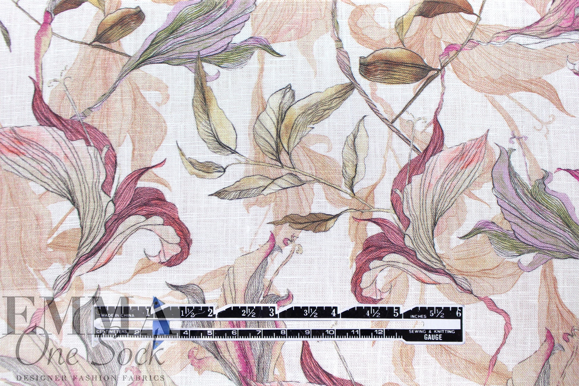 European linen digital print - winding flowers 1.125 yds