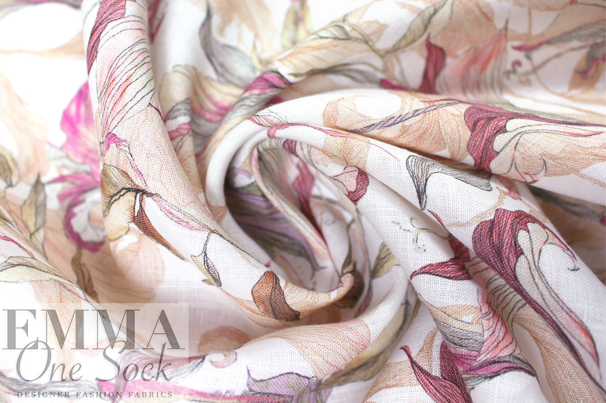 European linen digital print - winding flowers .875 yds