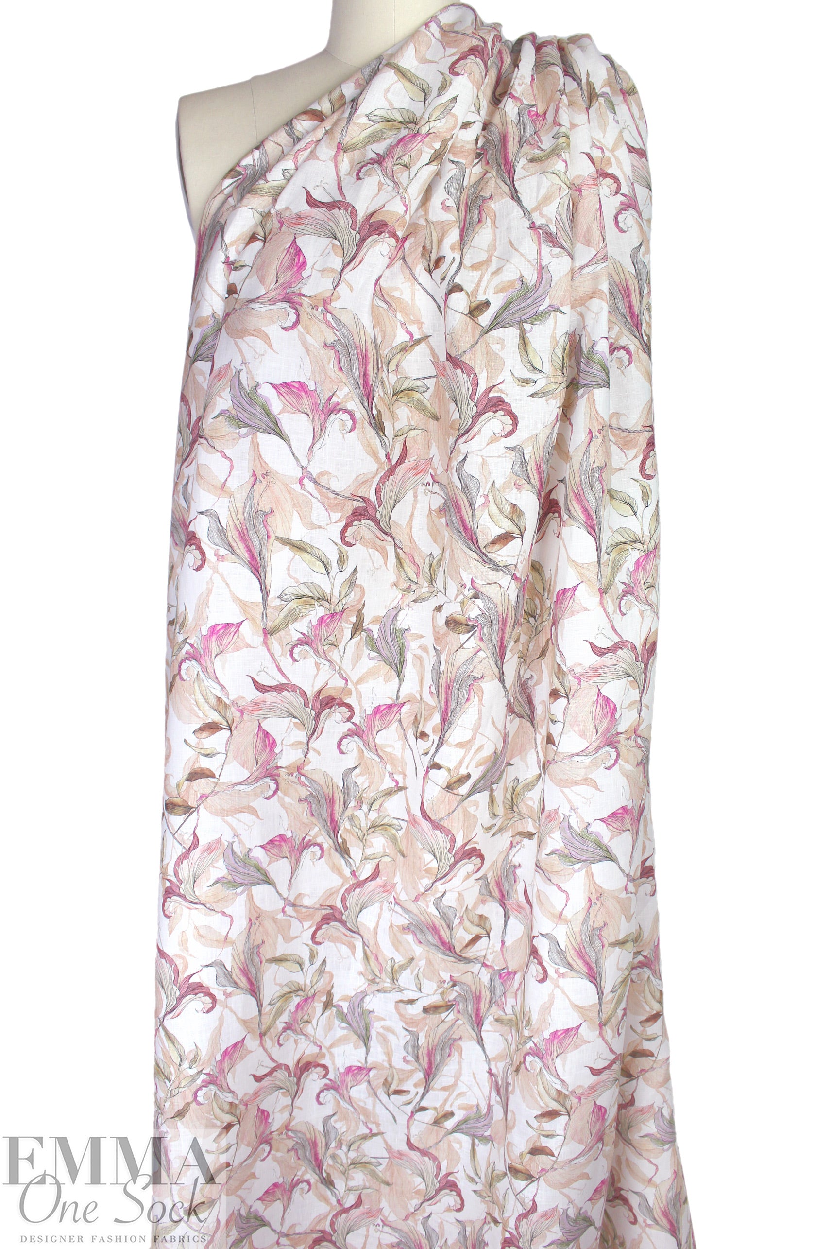 European linen digital print - winding flowers .875 yds