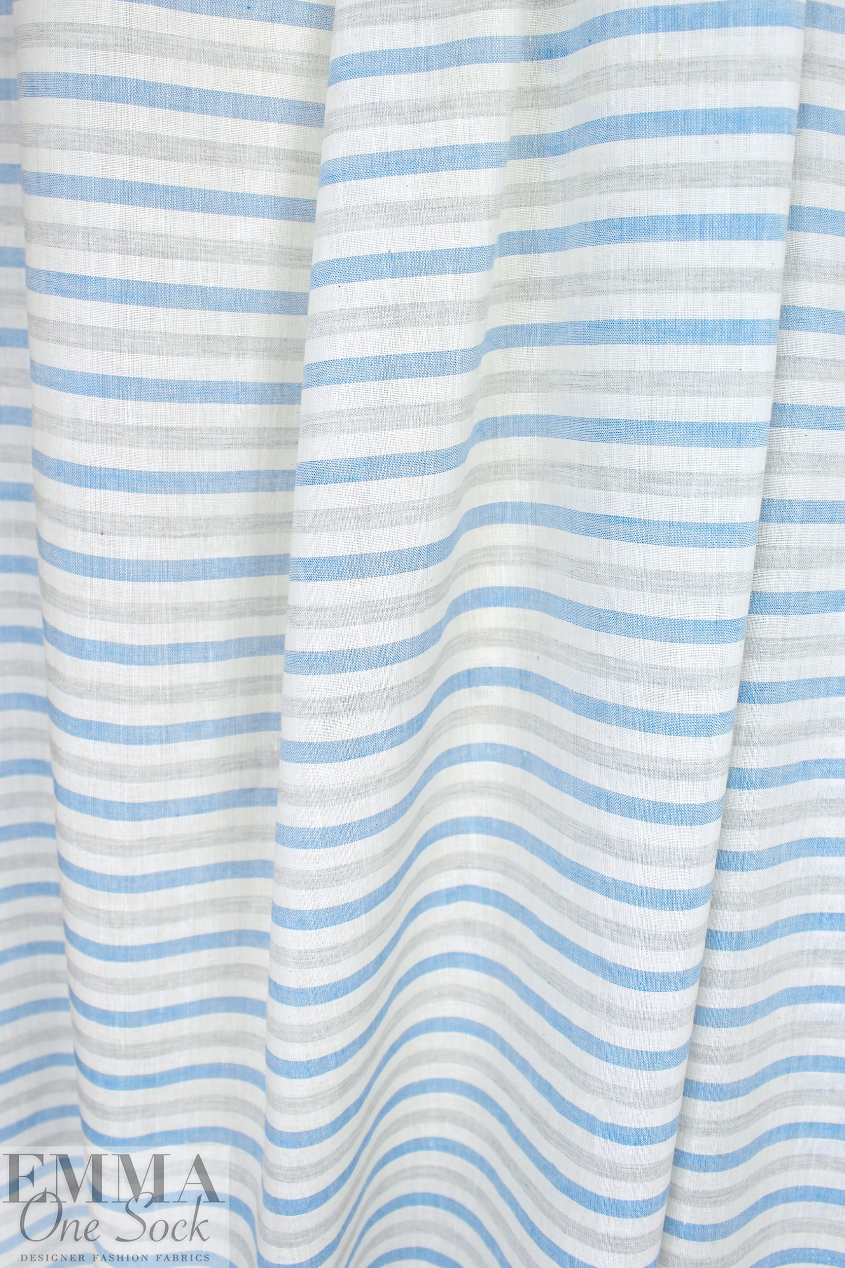 CA designer horizontal stripe all cotton voile - sky/gray/snow 1.66 yd