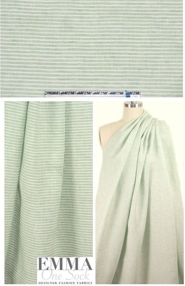 sage/white horizontal stripe linen woven shirting 1.75 yd