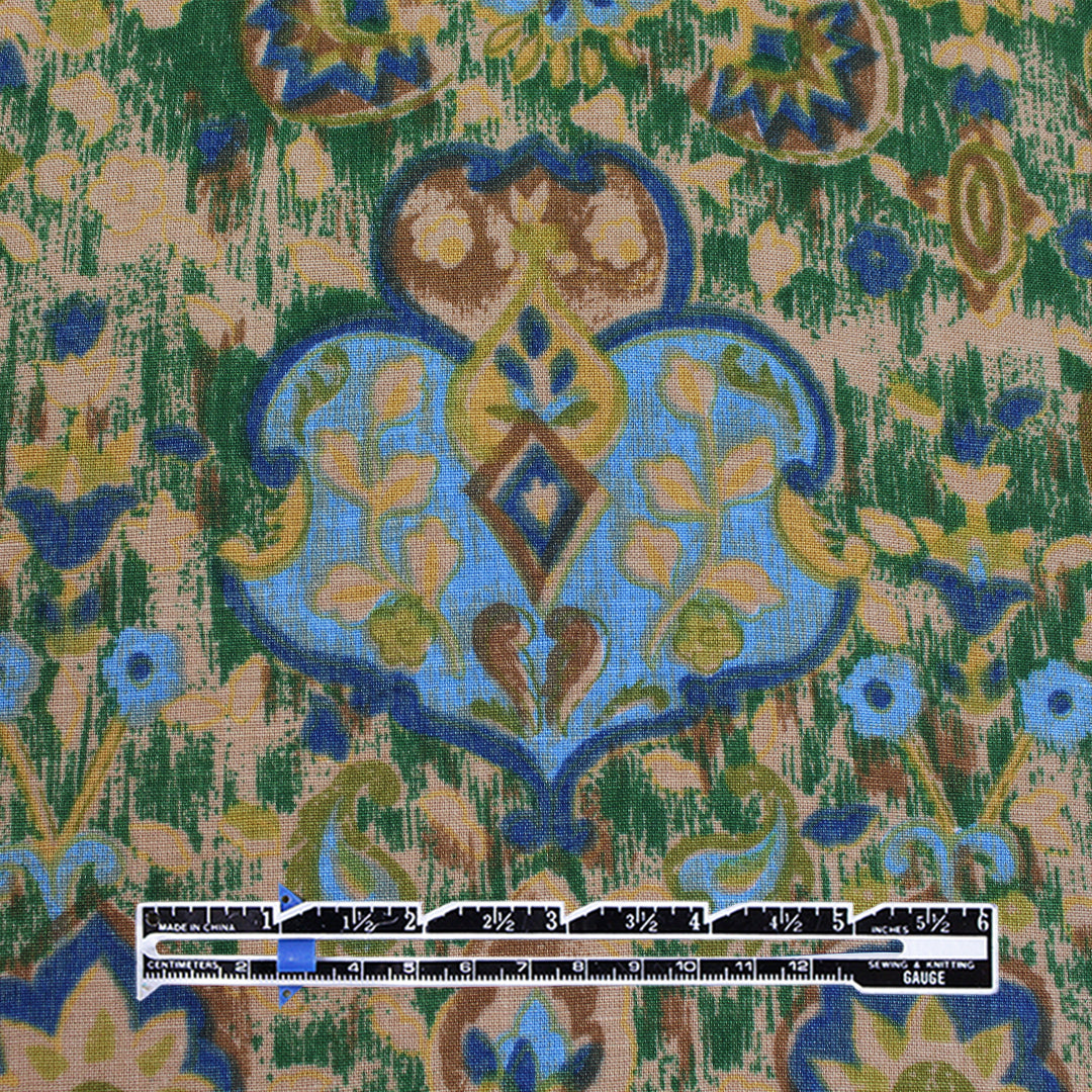 'Damask scroll' linen digital print - sky/pine/sand 1.25 yd
