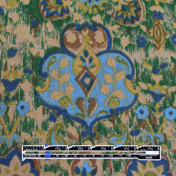 'Damask scroll' linen digital print - sky/pine/sand 1.25 yd