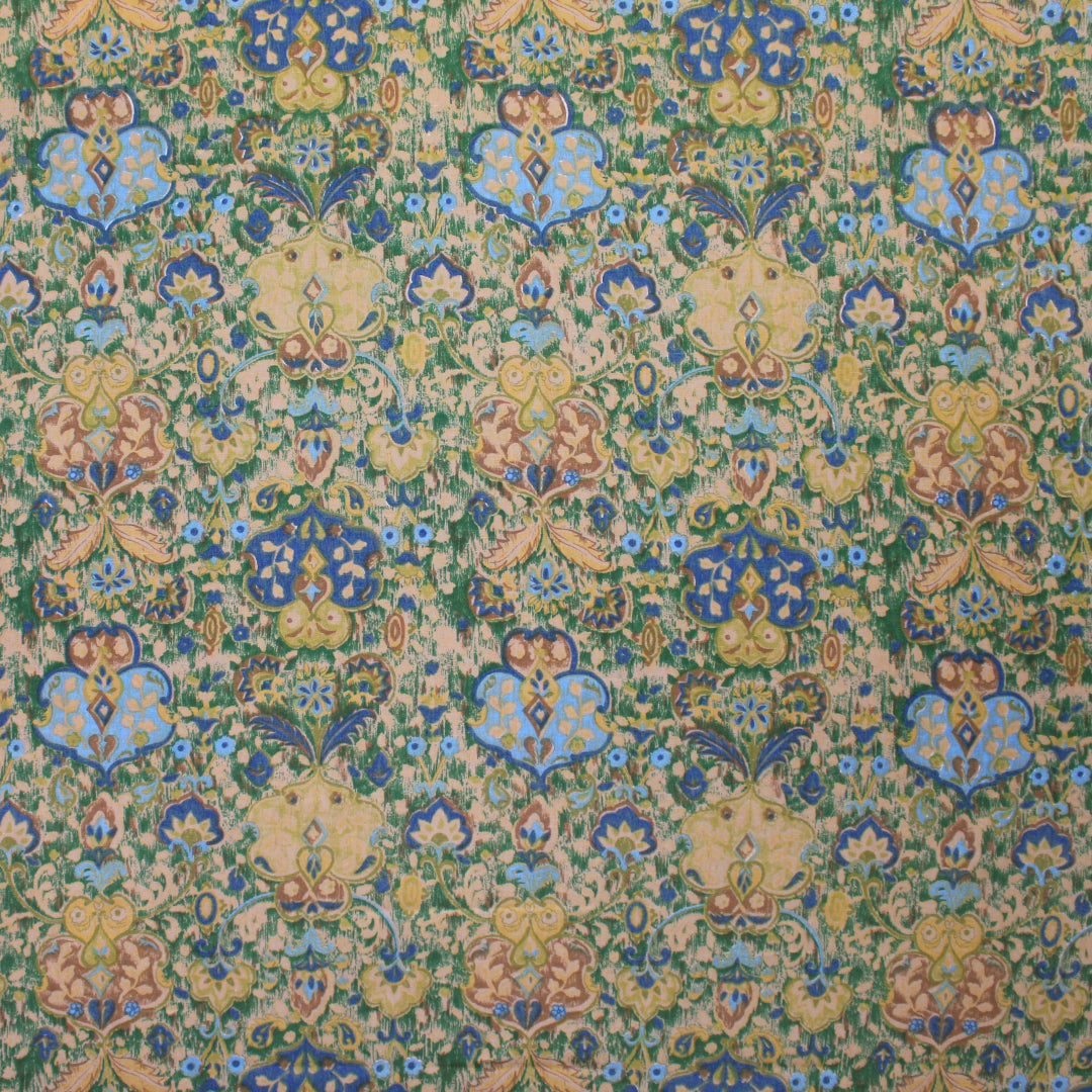 'Damask scroll' linen digital print - sky/pine/sand 1.25 yd