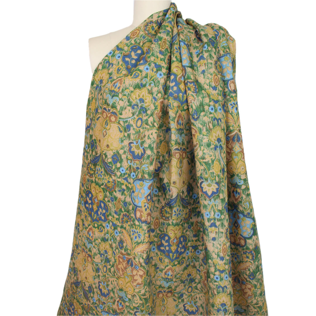 'Damask scroll' linen digital print - sky/pine/sand .75 yds