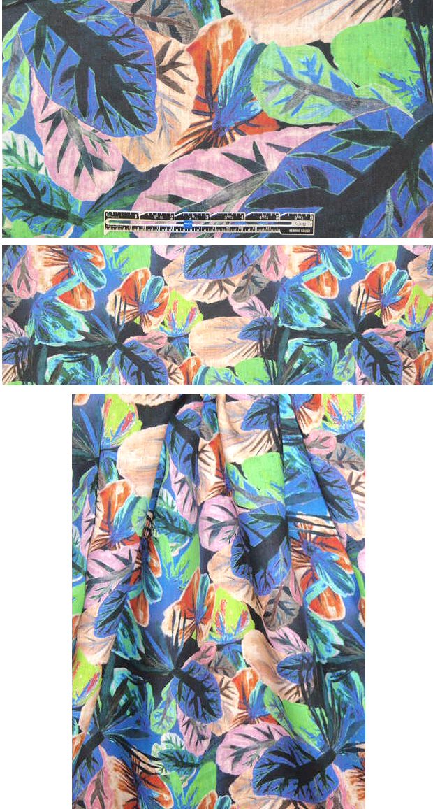 100% linen digital print - rust/cobalt leafy fantasy