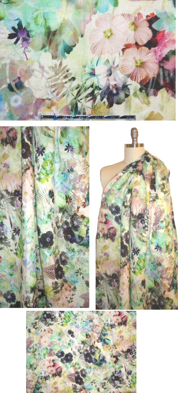 NY designer linen digital print - busy garden