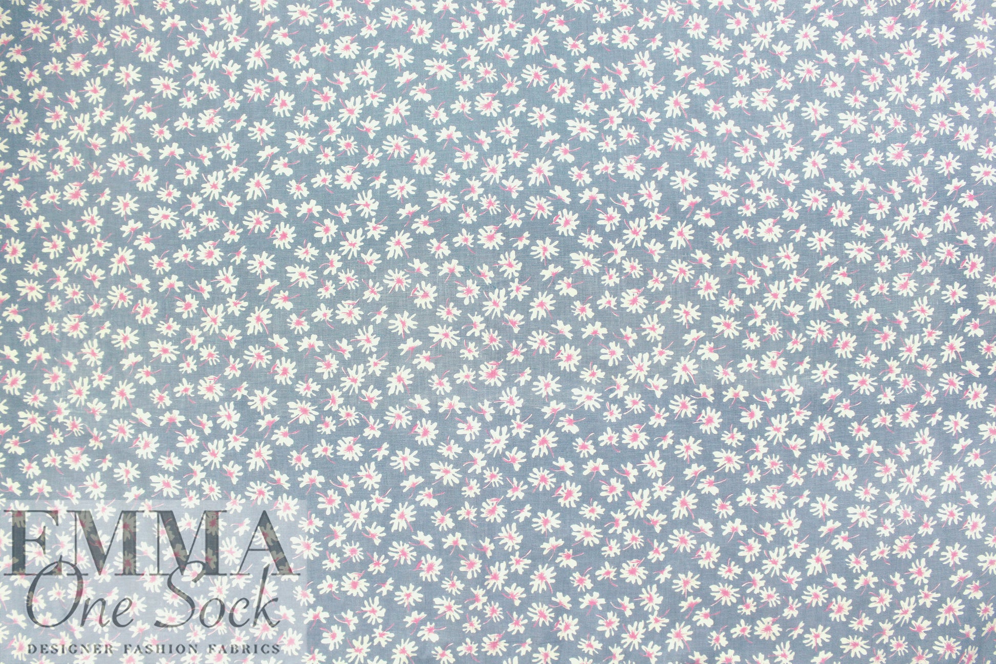 flower flurry linen woven - dusty denim/peony 1.375 yd