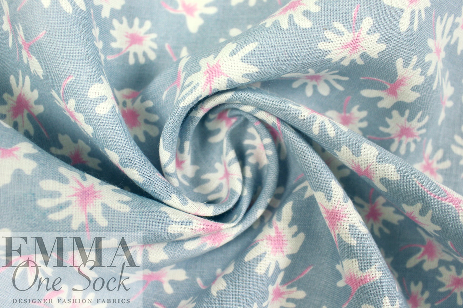 flower flurry linen woven - dusty denim/peony 1.375 yd