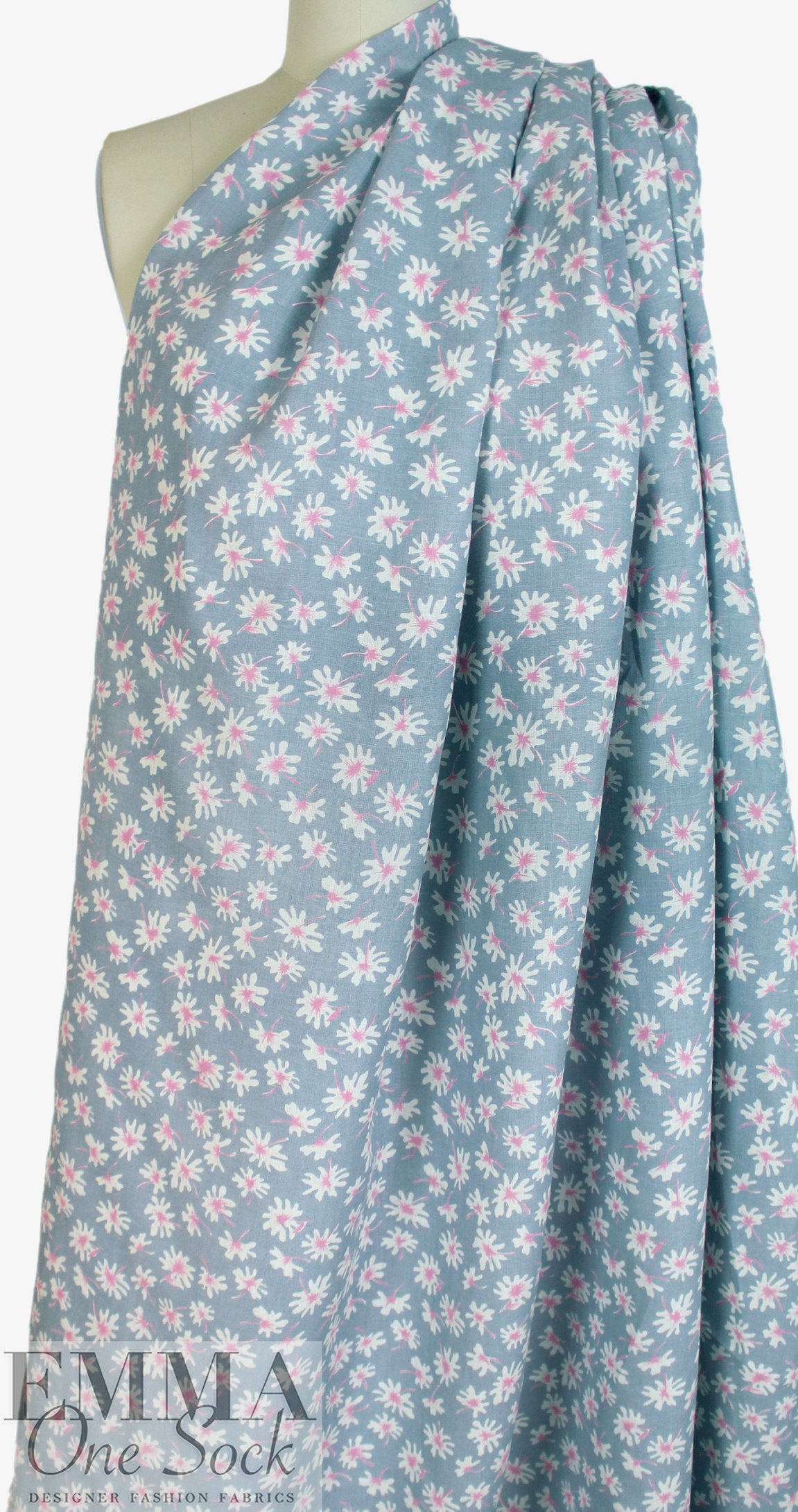 flower flurry linen woven - dusty denim/peony 1.375 yd