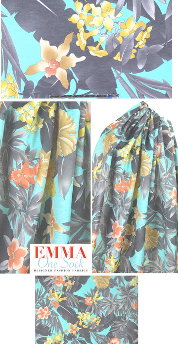 Italian decorative floral linen/cotton - aqua/gray