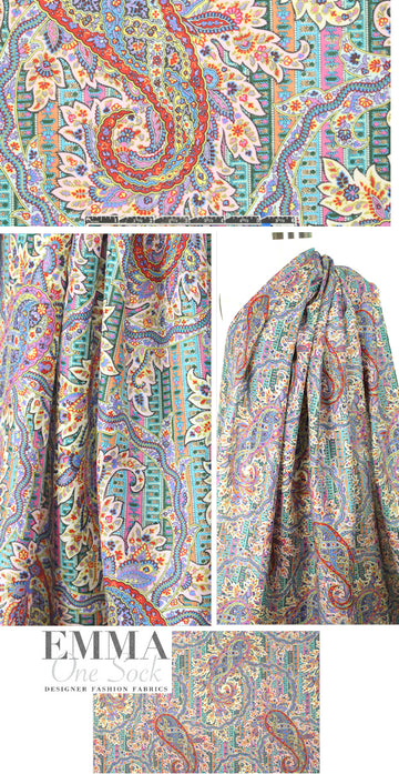 Italian decorative paisley linen/cotton - lilac/turq 1.5 yd
