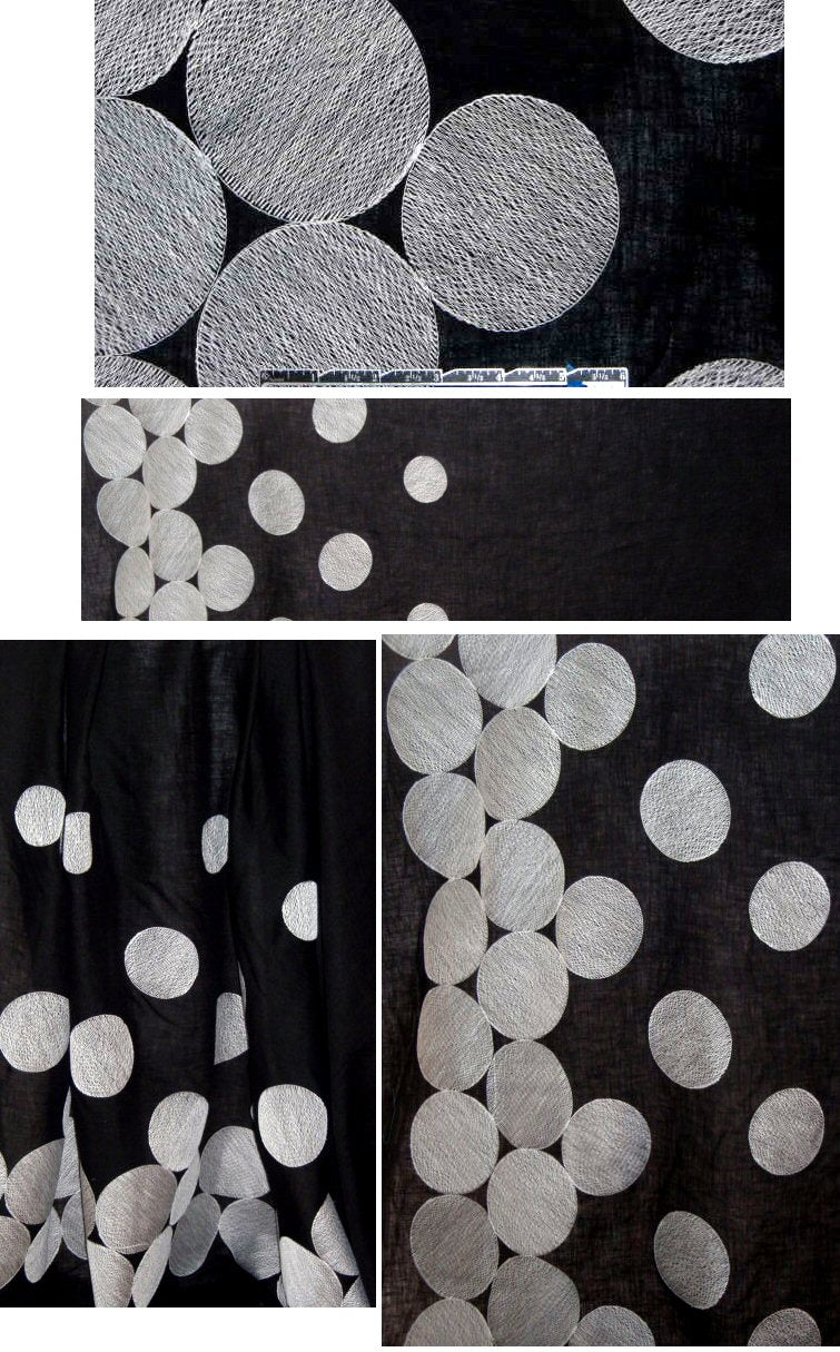 Italian circle-embroidered linen/cotton - white on black