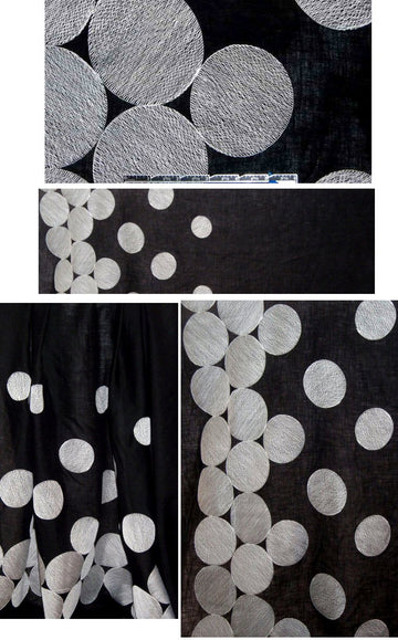 Italian circle-embroidered linen/cotton - white on black 1 yard