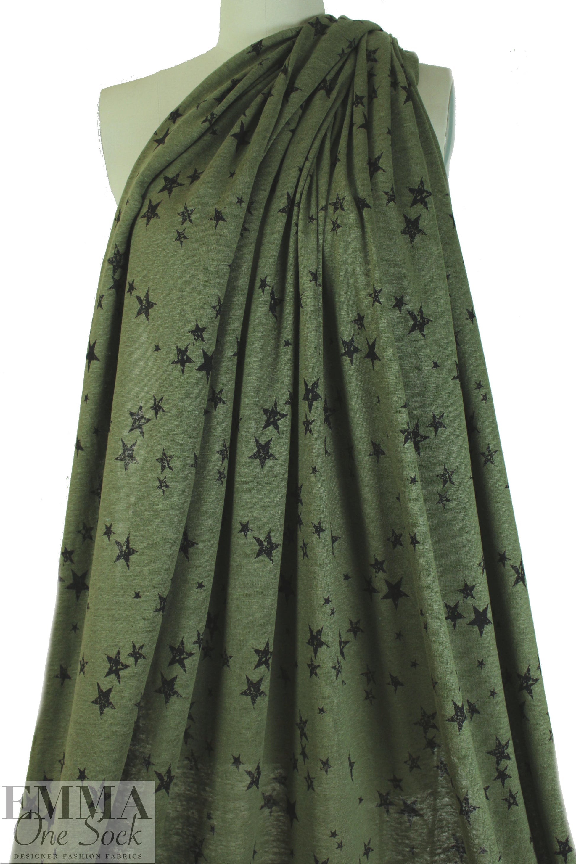 NY designer loden/black star print linen knit