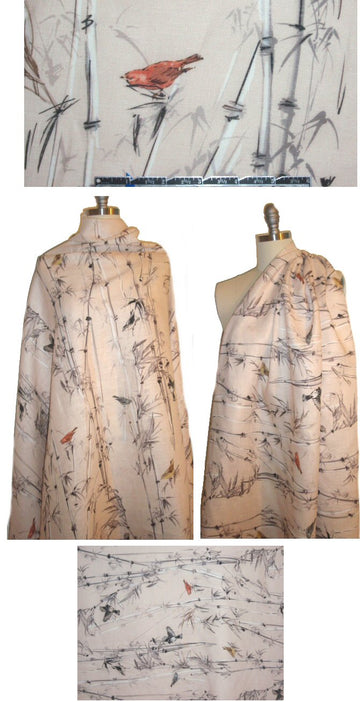100% linen digital print - bamboo and birds