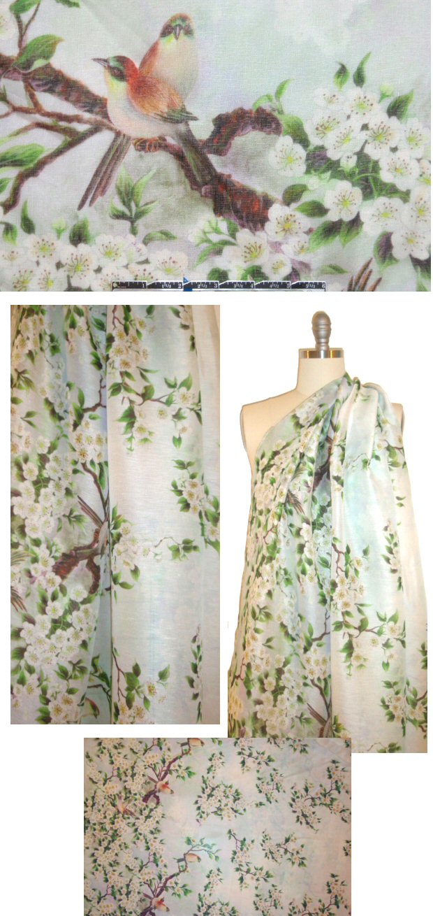 linen/silk printed semi-sheer - blossomy perch 1.33 yd